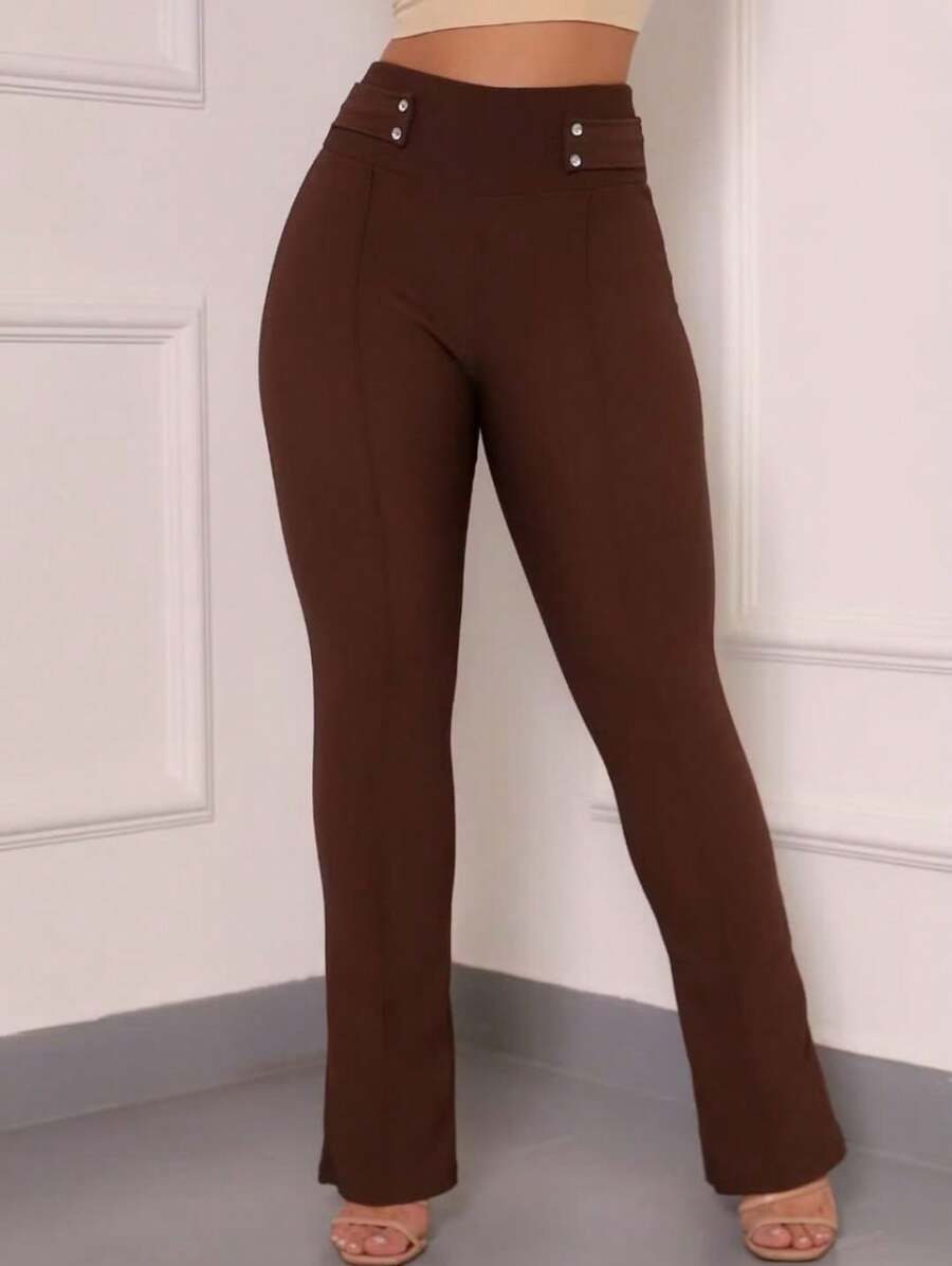 Pure Elegance Fashions Women's Flare Pants With Buttons Elegant Casual High Waist - 鏽棕色 - 查看 1