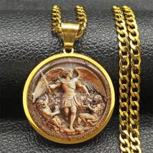 SAINT MICHAEL PROTECT US Archangel Stainless Steel Glass Medal Necklaces Chain Men Women Gold Color Necklace Amulet Jewelry
