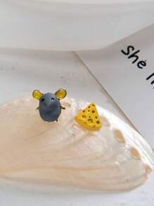 1 Pair Asymmetric Yellow Mouse Cheese Themed Funny Cartoon Stud Earrings, Gift