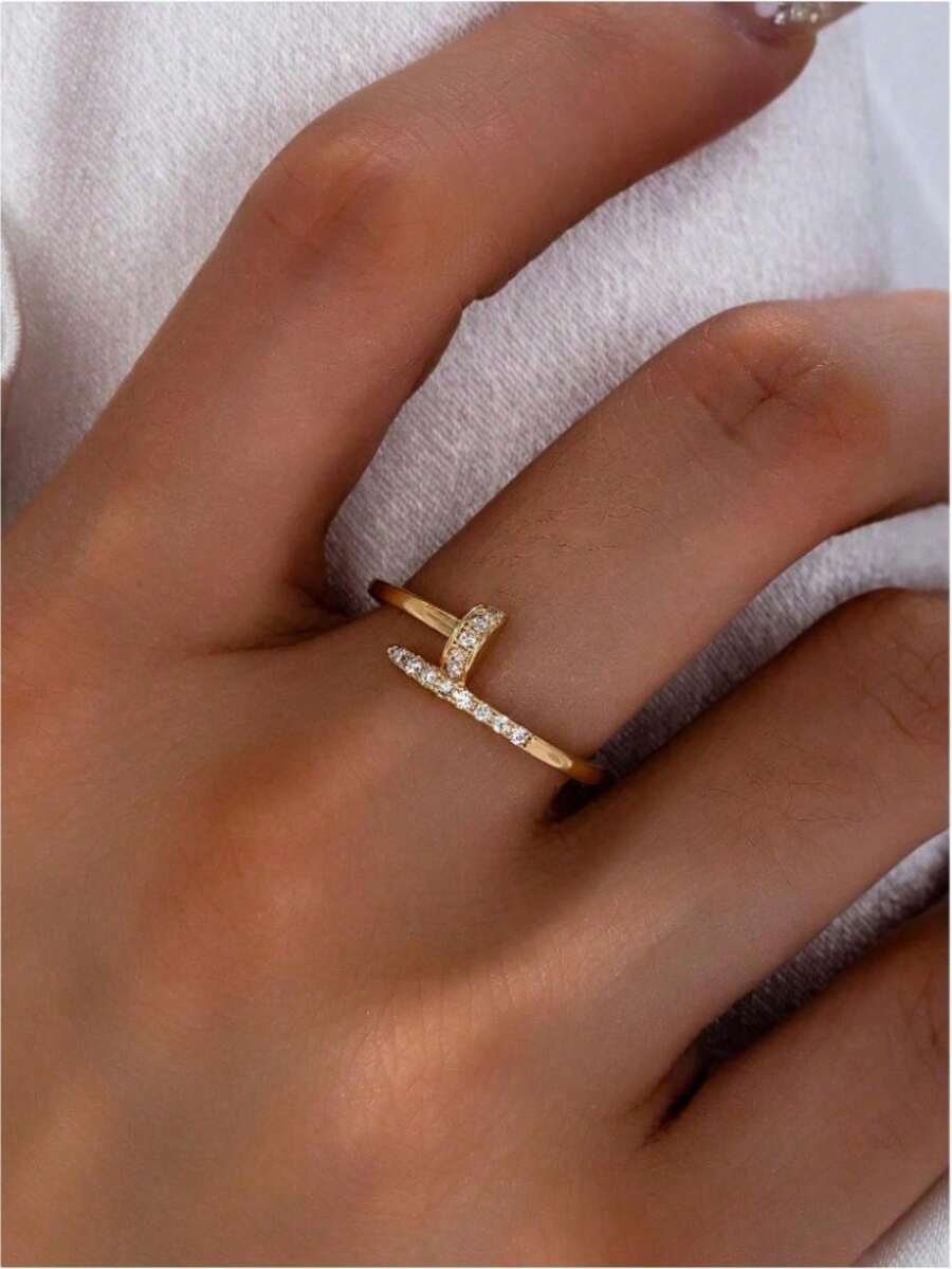 1 件铜锆石指甲环，金色可调节尺寸女士指甲环，简约奢华水晶戒指首饰，女士礼物 - 款式1 - 查看 1