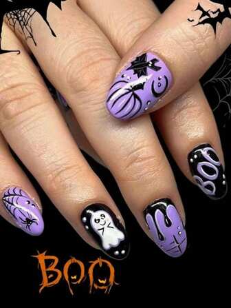 24 pièces de faux ongles ovales. Faux ongles amovibles à thème violet d'Halloween avec chauves-souris, fantômes et citrouilles. Amusement d'Halloween. Jeu de rôle. Fête. Usage quotidien. Améliorez votre style.
