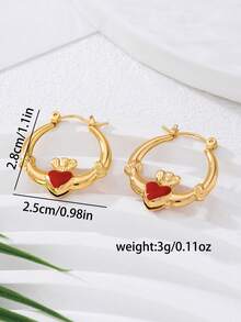 1 对珐琅合金几何圆形、皇冠、心形设计耳钉，适合女士佩戴，复古简约可爱优雅时尚，适合情人节礼物、派对、日常佩戴 - 紅色 - 查看 3