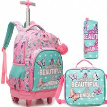 3pcs Girls Rolling Backpack Set, Includes Crossbody Bag And Pencil Case, Suitable For School Use, Back To School Season - Pink Green 18704T - View 2