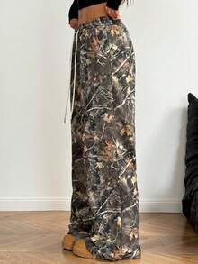 Drawstring Waist Camouflage Printed Wide Leg Drag Pants - Dark Brown - Tan - View 2