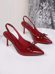 女士高跟鞋春季新款尖头高跟鞋性感细高跟镜面漆皮凉鞋女高跟鞋时尚酒红色高跟凉鞋 - 酒紅色 - 查看 2