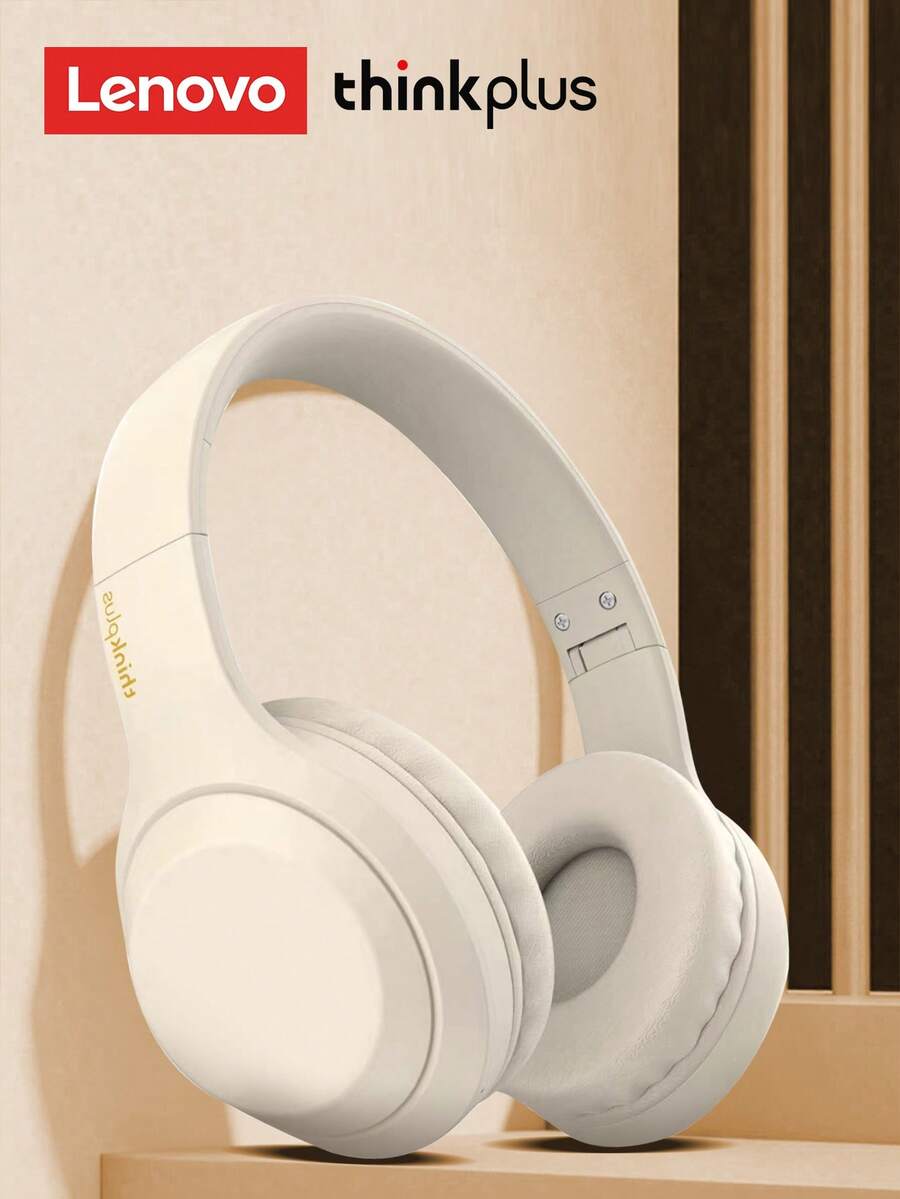 Lenovo 联想 TH10 蓝牙耳机，头戴式游戏耳机，重低音，高品质音频，麦克风，有线和无线双模式，兼容电脑和移动设备 - 米色 - 查看 1