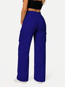 Women's Casual Solid Color Cargo Pants With Pockets, Versatile For Daily Wear, Spring/Autumn/Winter - Royal Blue - View 2