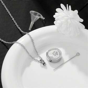 1pc Stainless Steel Round Heart Paw Cremation Urn Necklace, Memorial Necklace To Hold Ashes, Hair Or Crystals To Remember Loved Ones