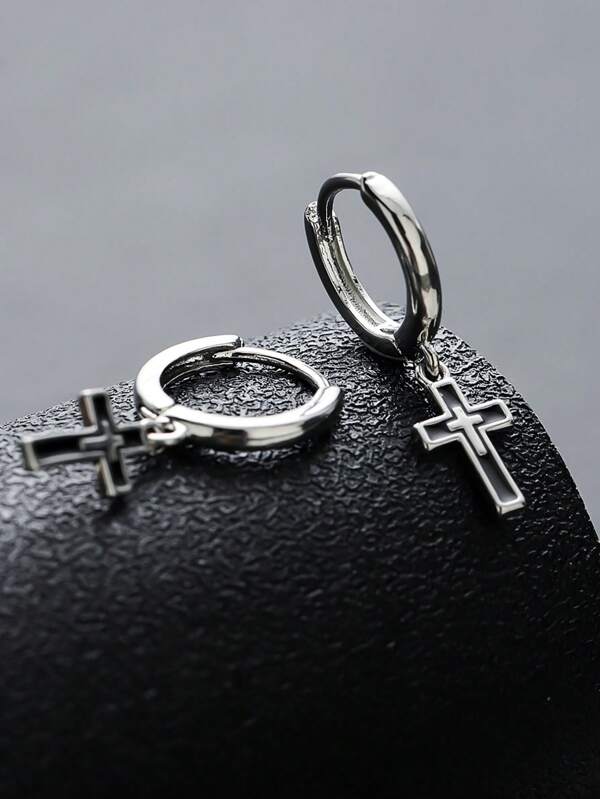 Black Cross Pendant Hoop Earrings For Men, Vintage Hip Hop Style, Simple & Versatile For Casual Or Business Wear