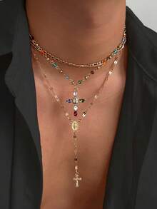 4pcs/Set Vintage Luxurious Multi-Color Crystal Cross Necklace, Men's Casual Outfit Accessory, Holiday Gift - 4pcs - View 14