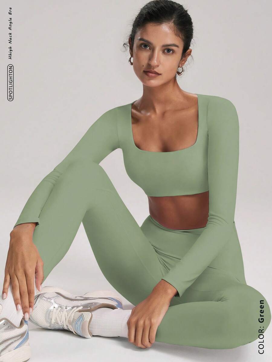 FWH 短款长袖上衣 + 褶皱短裤，第二层肌肤裸感收腹提臀塑身短裤，裸感面料，适合普拉提/健身提臀短裤，深蹲防摔，适合瑜伽/舞蹈露背瑜伽套装 - 綠色 - 查看 1