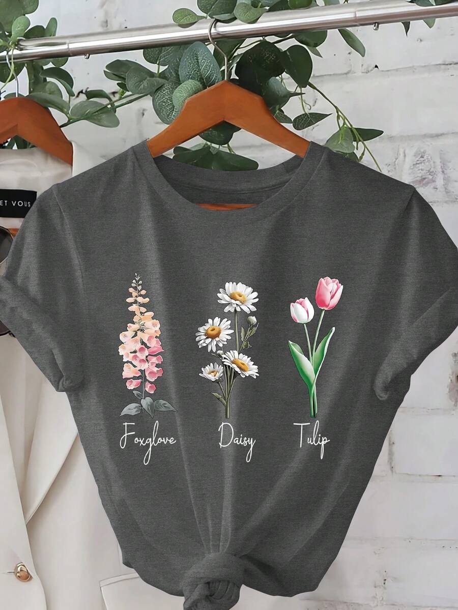 Subtle FDT Graphic T-Shirt, Short Sleeve Crew Neck Casual Top For Summer And Spring, Women's T-Shirt - Màu xám đen - Xem 1