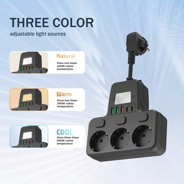 1 Stück Steckdosenleiste mit Uhr und Tischlampe - Überspannungsschutz, 3 AC-Steckdosen mit Schalter, 3 USB-A & 2 USB-C Anschlüsse - perfekt für Zuhause, Wohnheim, Büro, Reisen - Schwarz/Weiß