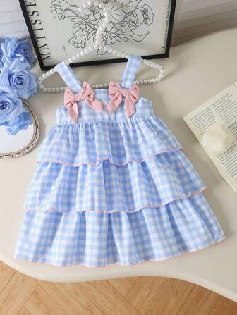 1 pièce Robe jumper à manches sans manches avec imprimé à carreaux doux et décontracté pour filles et tout-petits