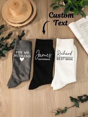 1 par, calcetines de media caña de algodón personalizados para hombres, impresos con su nombre o logotipo personalizado, cómodos, resistentes al olor, que absorben la humedad, aptos para todas las estaciones, calcetines deportivos, calcetines de boda, calcetines formales de negocios, regalo de aniversario/cumpleaños, regalo del Día del Padre/Madre, de moda, divertidos, alegres, calcetines multicolor