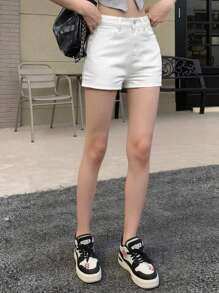 Women's High Waist Straight Leg Denim Shorts, Casual Solid Color