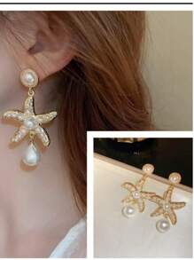 1 Pair Elegant Ocean Theme Pearl Starfish & Water Drop Earrings For Women