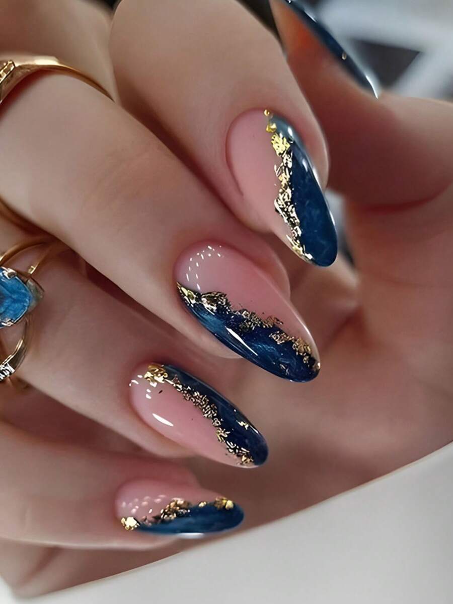 24片欧美粉蓝撞色深海爱心图案装饰指甲贴全覆盖假指甲贴美甲用品多功能日常佩戴指甲套装，适合办公室女性、派对、约会、日常佩戴，装饰你的指甲，提升你指甲的时尚品味 - 彩色 - 查看 1