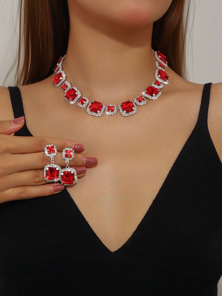 1set Silver Square Necklace Earrings Set, Wedding Jewelry With Red Crystal For Bride
