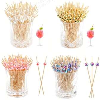 100 piezas Pinchos de bambú, palillos para aperitivos, pinchos decorativos para cócteles, pinchos para brochetas de frutas de 4.7", artículos para fiestas dorados, palitos de bambú para frutas, bebidas, tablas de charcutería
