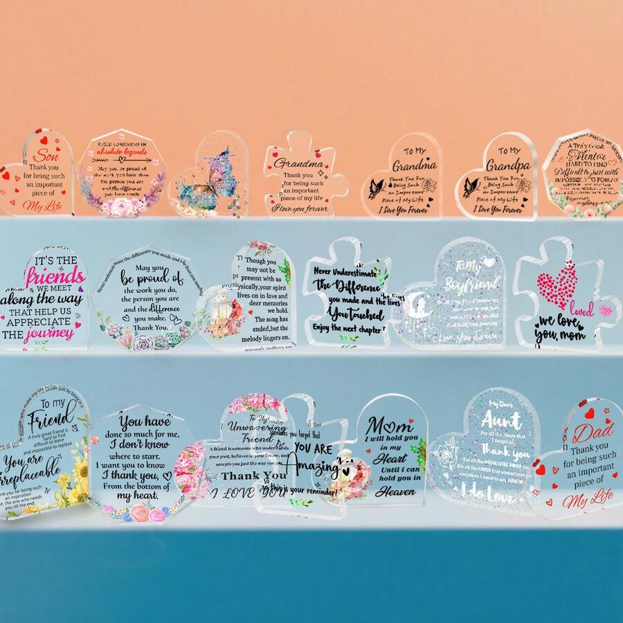 Placas de sentimiento de acrílico: Gratitud y Apreciación. Perfecto para regalar a mamá, papá, amigos y familia. Diseñados como recuerdos que infunden calidez sincera a cualquier espacio, convirtiendo momentos ordinarios en recuerdos apreciados que duran toda la vida.