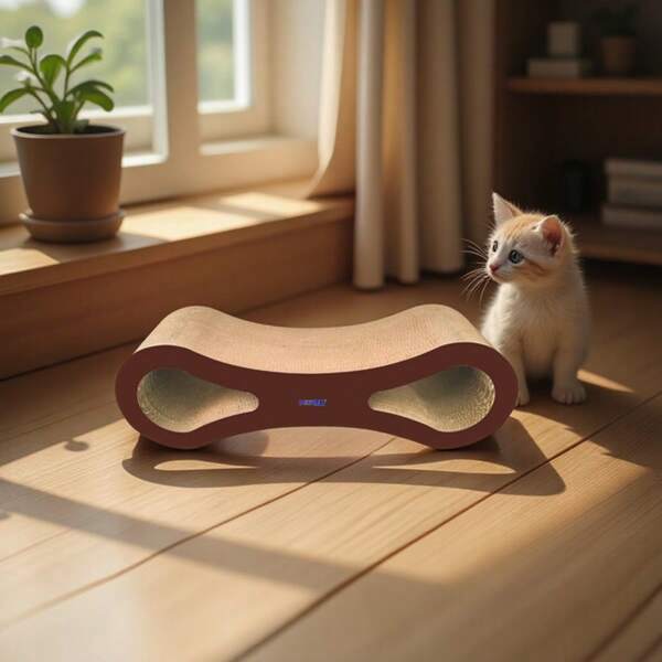 8-förmiger gewellter Pappe Kratzbrett - Extra dicke verschleißfeste Pappe | Doppelseitiges Krallenschleifspielzeug mit Katzenminze, kein Ausfall | rutschfeste Basis, Möbelschutz | Interaktives Katzen Kratzkissen zum Spielen und Ausruhen, platzsparendes Design