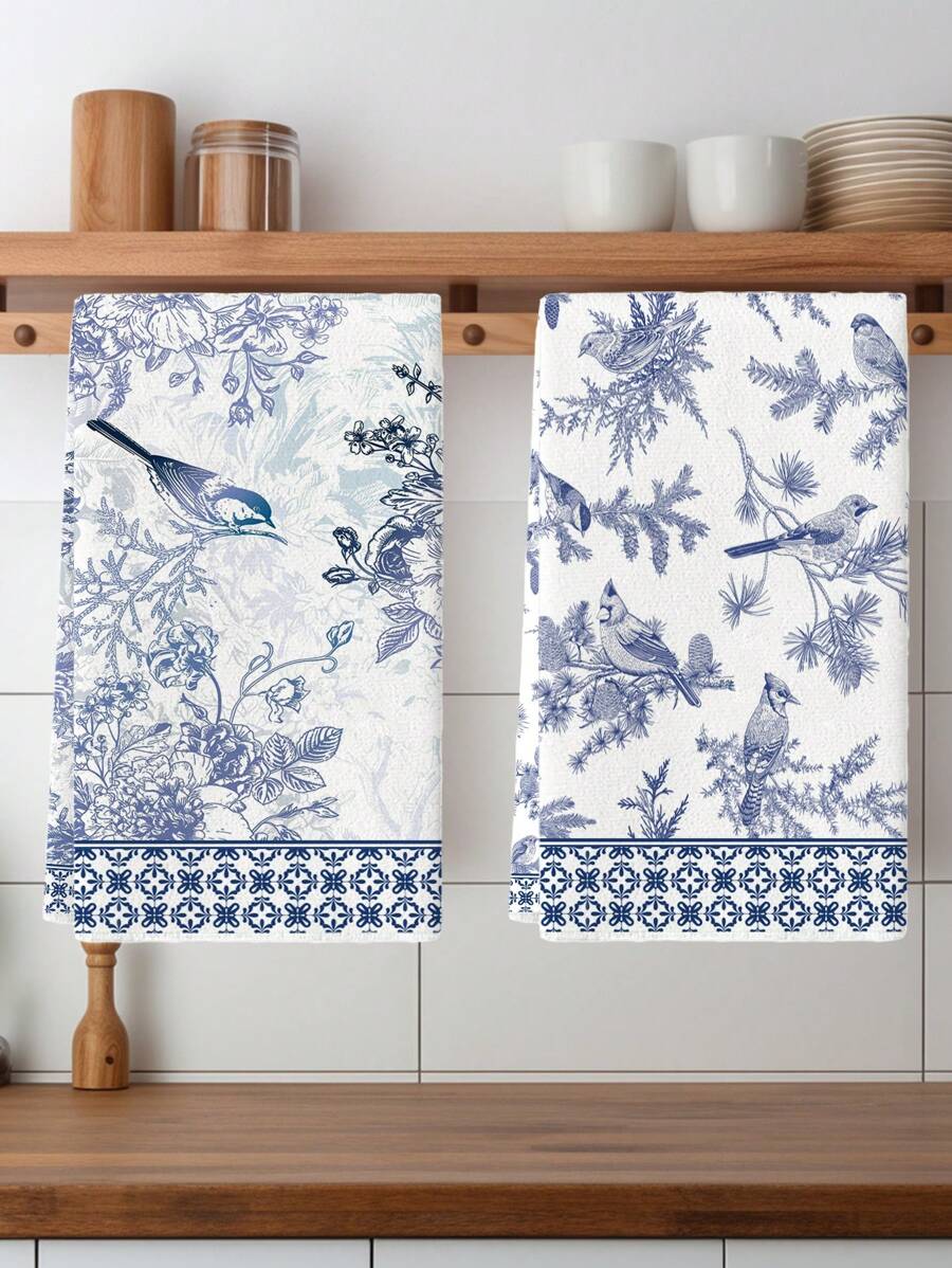 2 paquets de serviettes de cuisine en porcelaine bleu et blanc, assortiment de couleurs bleu et blanc, motif de pin bleu et d'oiseau, torchons de cuisine pour la vaisselle, décoration de maison de cuisine, décoration de table, fournitures de cuisine, convient pour les cuisines et les restaurants, couramment utilisé pour le nettoyage quotidien et la décoration des vacances