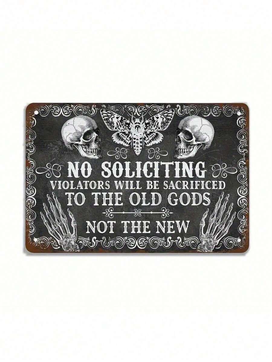 1pc Metal Tin Sign Plaque, "Witches Prohibited, Trespassers Will Be Sacrificed" Halloween Welcome Decor, Suitable For Home, Children's Party, Wall Decoration, Metal Poster 8x12 Inches