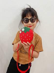 New Spring/Summer Cute Red Strawberry Shaped Crossbody Bag, PU Material Zipper Closure Crossbody Pouch, Fashion Fruit Design With Small Daisy Flower Decor - Multicolor - View 4
