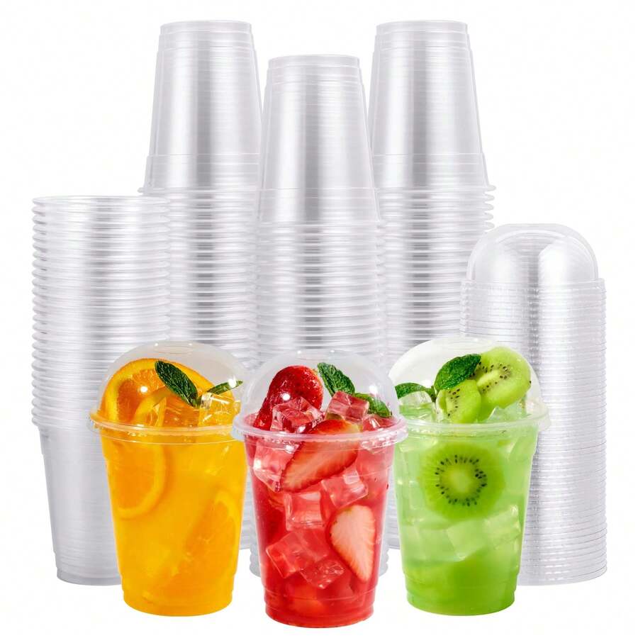 200 PACK 12oz Clear Plastic Cups, Disposable Cold Drinking Cups, 12 Ounce Clear Cups With Dome Lids With Holes For Smoothie, Milkshake, Bubble Tea, Parfait - 清除 - 查看 1