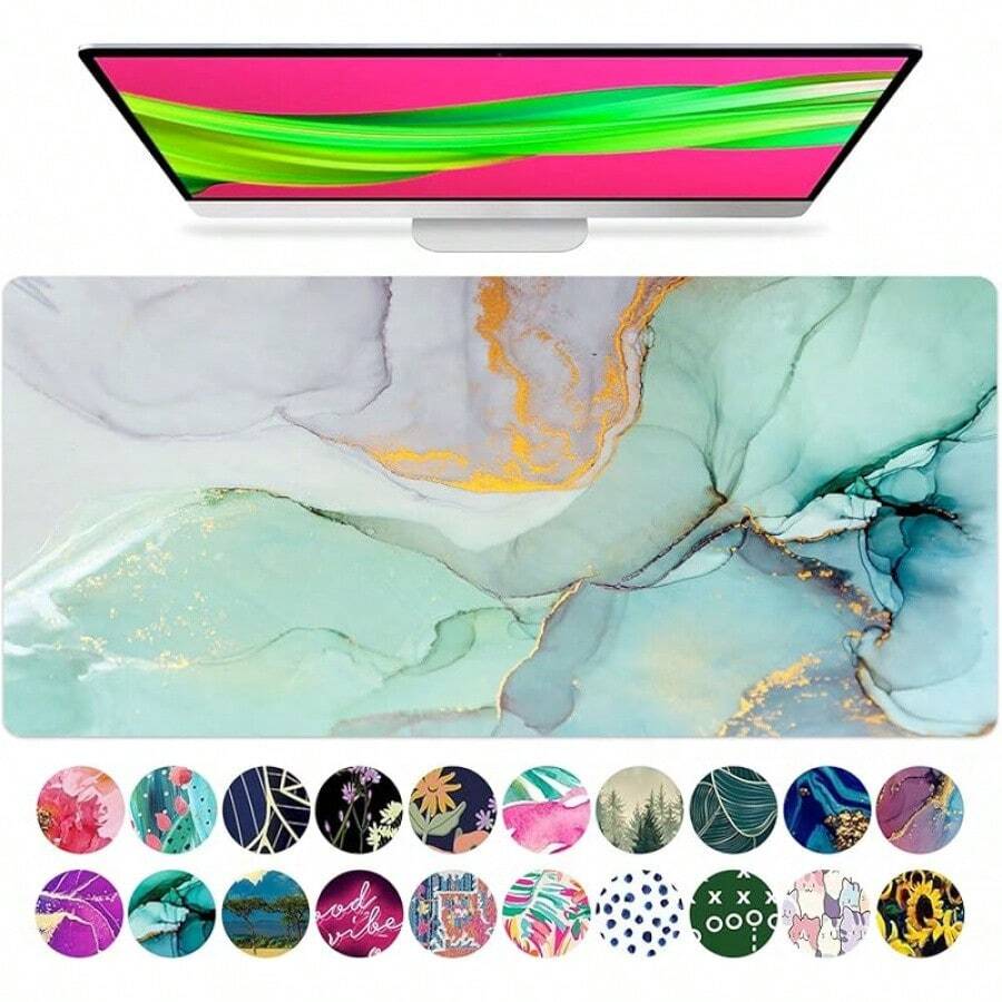 French KOKO Desk, Large Desk Pad Large Mouse Pad Cute Desk Accessories Home Office Essentials XL Desk Desk Pad Keyboard Mouse Desk Pads On Top Of Desks Computer Pink Floral Women Girls - 大理石般的藍綠色 - 查看 1