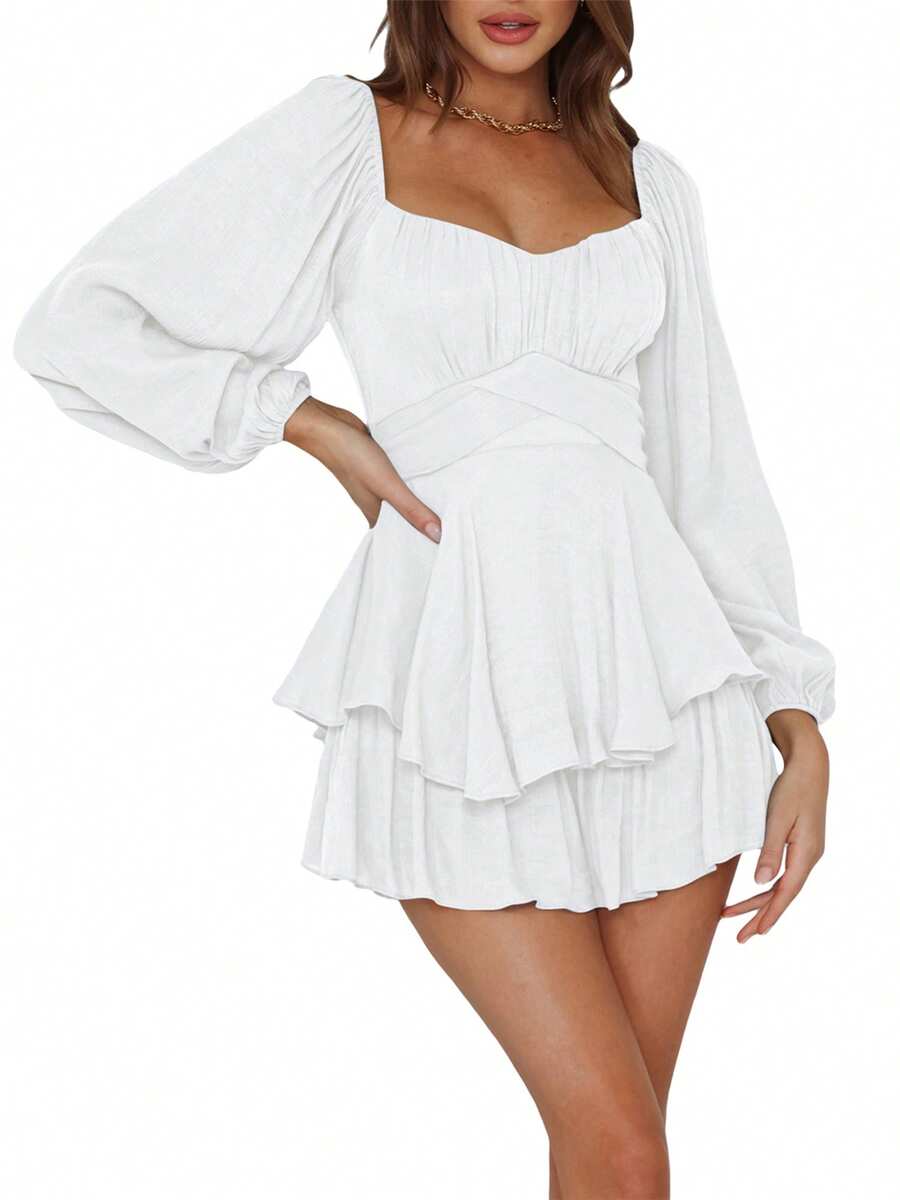 Women Puff Long Sleeve Romper Off Shoulder Ruffle Flowy Short Jumpsuit Layered Pirate Dress With Shorts Playsuit - White - View 1
