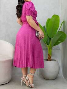 Pleated Midi Dress With Round Godet Neckline - 玫瑰紅 - 查看 4