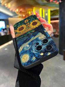 Van Gogh - Style Sunflower Pattern Black Matte Phone Case, Four-Corner Anti-Drop Camera Enhanced Protection, Prevent Wear And Tear, Comfortable Feel, Protective Buttons, Breathable Heat Dissipation, Dustproof, For Men And Women For Phone 11/12/13/14/15/16 Plus Promax Pro Series And For Sumsang Galaxy S22/S23/S24/25 Ultra. - 黑色 - 查看 3
