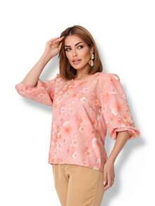Women's Blouse With 3/4 Sleeves - Rose Flower - View 2