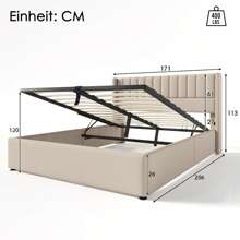 Cama tapizada 160x200 cm, cama hidráulica de lino, diseño de rayas verticales, somier moderno con espacio de almacenaje, cama funcional con canapé, estructura de metal, color beige lino