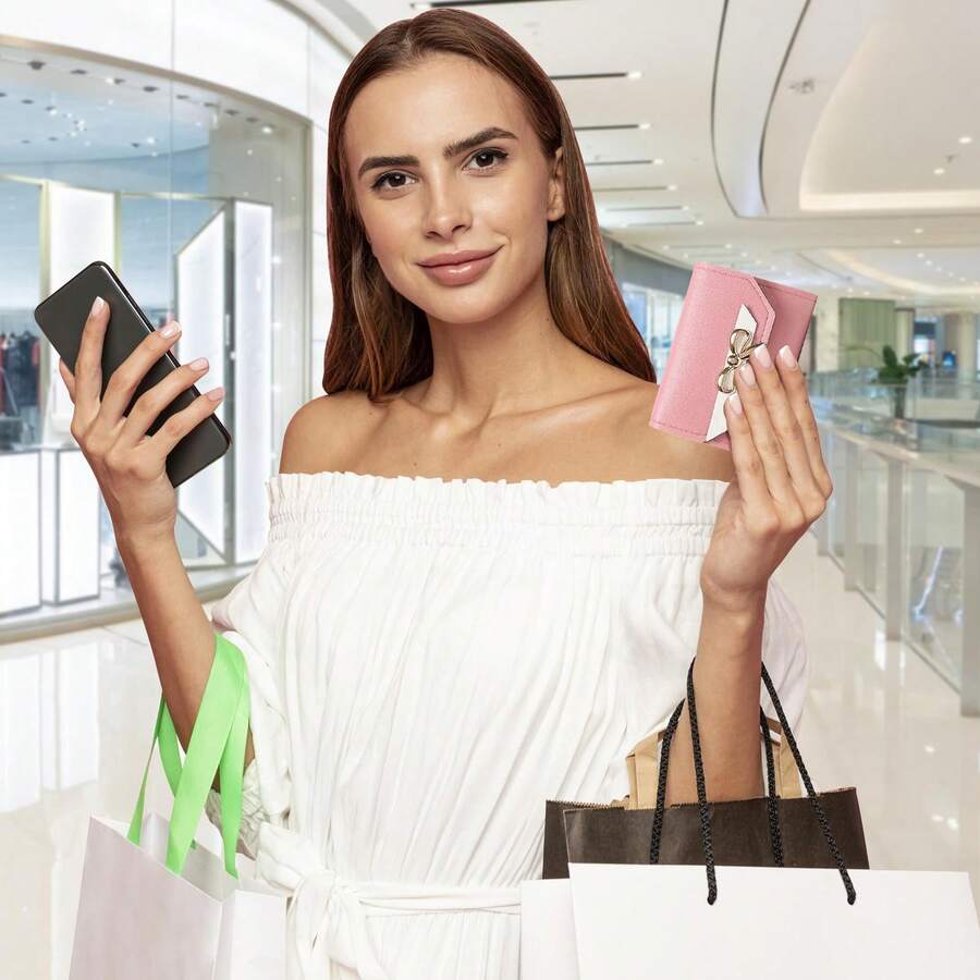 1pc Women's Short Tri-Fold Wallet With Magnetic Buckle & Bow Design, Mini Storage Purse