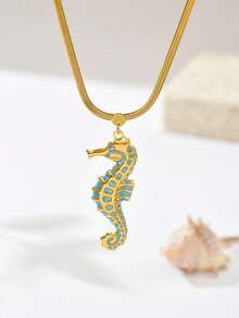 1 件女式 18K 镀金活力蓝海马吊坠项链，彩绘装饰吊坠配蛇骨链，适合海滩/夏季装扮
