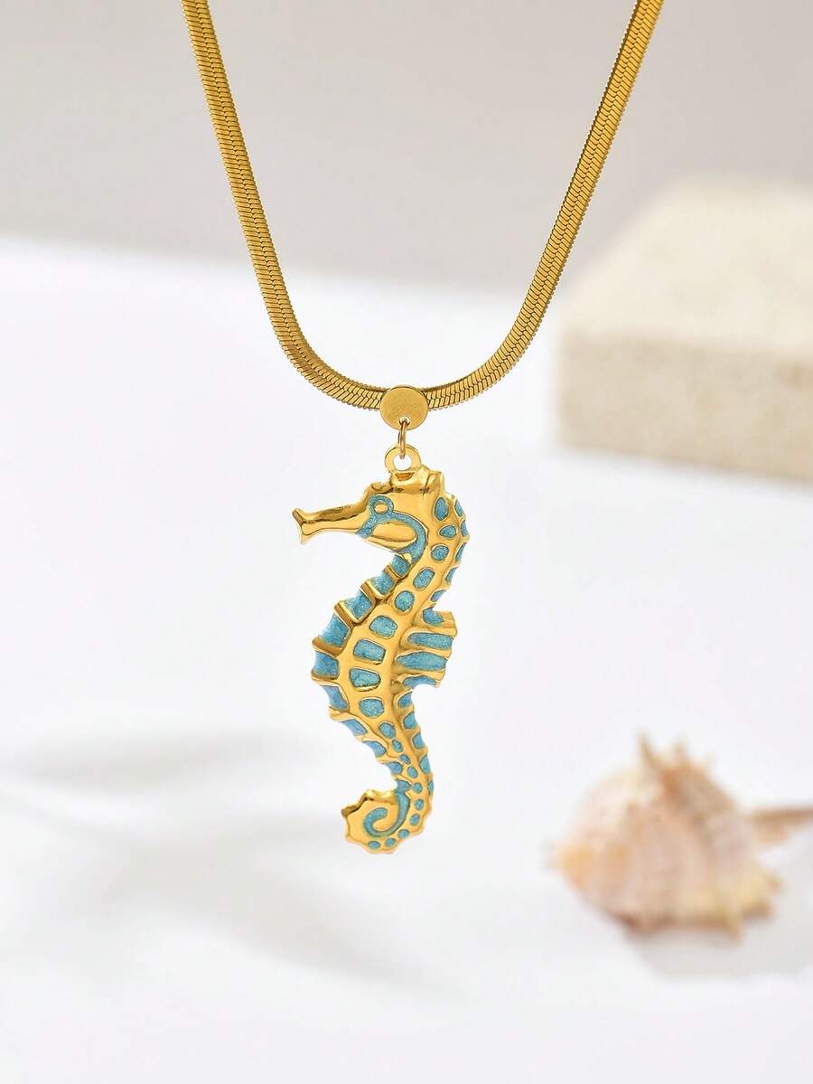 1 件女式 18K 镀金活力蓝海马吊坠项链，彩绘装饰吊坠配蛇骨链，适合海滩/夏季装扮