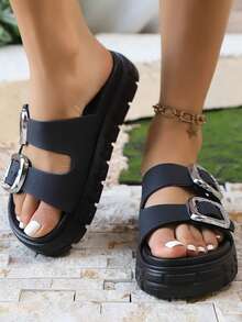 FZY 2026 New Women Summer Casual Sandals, Simple Fashion Thick Platform Lightweight Slippers, Buckle Decor High Heel Platform Thick Bottom Anti Anti-Odor Increased Height Beach Shoes Or Casual Wear At Home Or Commuting Sandals,Essential Easter Outfits - 黑色 - 查看 3