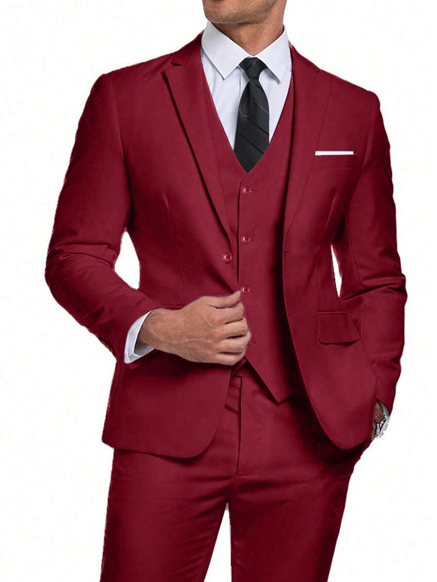 WindsorQuad Bộ vest nam 3 món Furuyal thanh lịch, màu trơn, kiểu dáng ôm sát, gồm áo khoác vest, quần tây và cà vạt, phù hợp cho đám cưới, tiệc tùng, màu đỏ rượu nhạt, cỡ XS-3XL. - Màu Đỏ Sâu - Xem 1