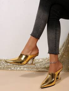 女士不对称高跟鞋，时尚 PU 皮革闪亮派对、婚礼、节日、办公室和户外服装，春秋季 - 金色 - 查看 3