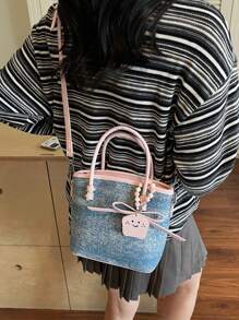 1 pieza (7.1 pulgadas*6.7 pulgadas*3.1 pulgadas) Bolso de mano de mujer, bolso de hombro, bolso cruzado, bolso de mensajero, mini bolso, material resistente, adecuado para compras, citas, salidas, viajes al trabajo, correa ajustable, decoración de lazo y perla linda, bolso casual elegante de color block