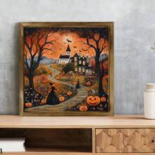 1 件万圣节带框木质标牌民间艺术印刷品、帆布墙面艺术万圣节装饰、房间装饰物品女巫和南瓜灯、满月艺术、秋季色调、万圣节家居装饰、鬼屋装饰复古装饰客厅装饰可选框架
