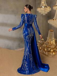 Faeriesty Elegant V-Neck Long-Sleeve Mermaid Evening Gown With Satin Overskirt & Metallic Floral Embroidery - Perfect For Black-Tie Galas, Formal Red Carpet Events, Luxury Award Ceremonies, Charity Fundraisers, Upscale Weddings - 寶藍色 - 查看 2