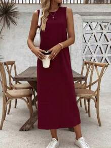 女式纯色简约无袖休闲连衣裙 - 酒紅色 - 查看 3