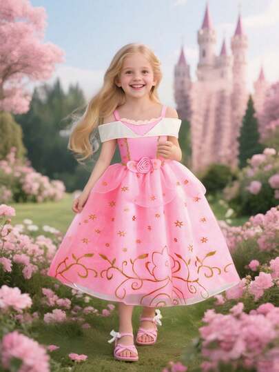 Pink Off-Shoulder Spaghetti Strap Princess Costume Dress, Carnival Role Play Outfit For Young Girls