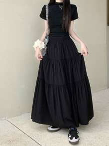 白色高腰A字裙，迷人的泡泡下摆设计，适合春夏季 - 黑色 - 查看 2