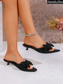 Women's Elegant Black High Heels, Butterfly Applique Party Shoes, Elegant Fashion Luxurious Bowknot Stilettos, Low Heels High Heels, Suitable For Party, Wedding, Office, Outdoor, Spring/Summer - Black - View 6