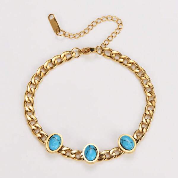 1pc Minimalist Oval-Shaped Blue & White Turquoise Stainless Steel Chain Bracelet For Women, Unique Niche Design Gift For Friends And Family